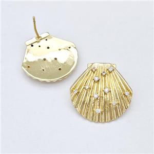 Copper ScallopShell Stud Earring Micro Pave Zirconia Gold Plated, approx 21-22mm