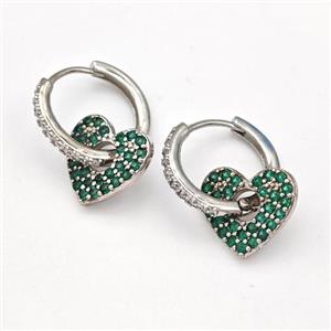 Copper Hoop Earrings Heart Pave Green Zirconia Platinum Plated, approx 14mm, 17mm dia