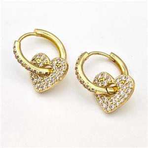 Copper Hoop Earrings Heart Pave Zirconia Gold Plated, approx 14mm, 17mm dia