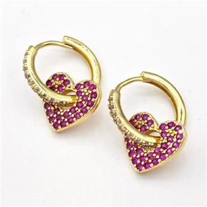 Copper Hoop Earrings Heart Pave Pink Zirconia Gold Plated, approx 14mm, 17mm dia