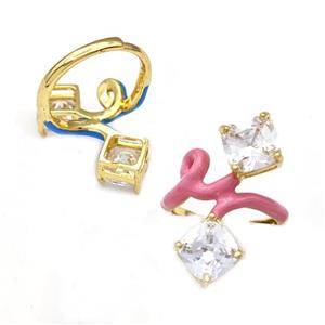 Copper Rings Pave Zirconia Pink Enamel Adjustable Gold Plated, approx 8mm, 18mm dia