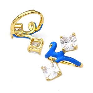 Copper Rings Pave Zirconia Blue Enamel Adjustable Gold Plated, approx 8mm, 18mm dia