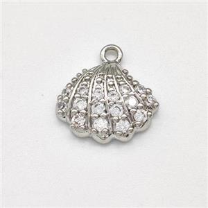 Scallop Shell Charms Copper Pendant Micro Pave Zirconia Platinum Plated, approx 10-12.5mm