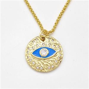 Copper Evil Eye Necklace Pave Zirconia Blue Enamel Gold Plated, approx 18mm, 1.5mm, 42-47cm length