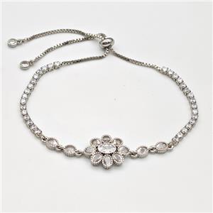 Copper Flower Bracelet Pave Zirconia Adjustable Platinum Plated, approx 14-40mm, 2.5mm, 24-28cm length