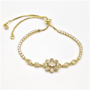 Copper Flower Bracelet Pave Zirconia Adjustable Gold Plated, approx 14-40mm, 2.5mm, 24-28cm length