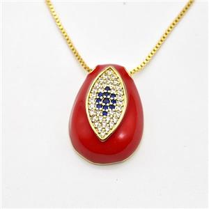 Copper Evil Eye Necklace Pave Zirconia Red Enamel Gold Plated, approx 15-22mm, 0.8mm, 42-45cm length