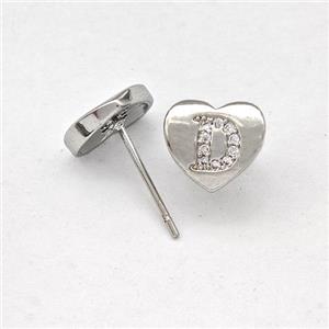 Copper Heart Stud Earring Pave Zirconia Letter-D Platinum Plated, approx 8-9mm