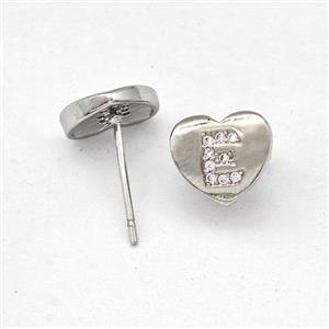 Copper Heart Stud Earring Pave Zirconia Letter-E Platinum Plated, approx 8-9mm