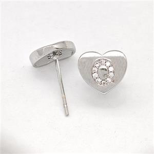 Copper Heart Stud Earring Pave Zirconia Letter-Q Platinum Plated, approx 8-9mm