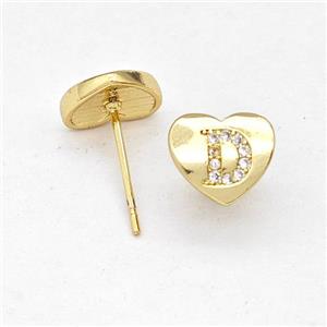 Copper Heart Stud Earring Pave Zirconia Letter-D Gold Plated, approx 8-9mm