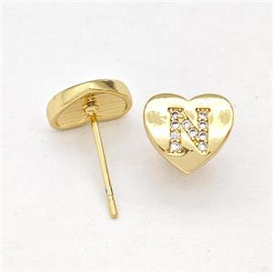 Copper Heart Stud Earring Pave Zirconia Letter-N Gold Plated, approx 8-9mm