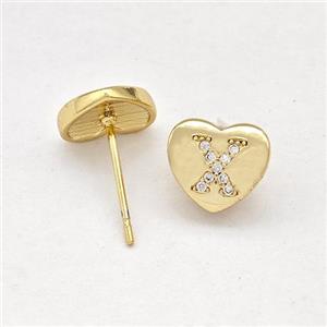 Copper Heart Stud Earring Pave Zirconia Letter-X Gold Plated, approx 8-9mm