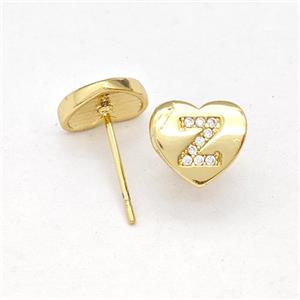 Copper Heart Stud Earring Pave Zirconia Letter-Z Alphabet Gold Plated, approx 8-9mm