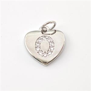 Copper Heart Pendant Pave Zirconia Letter-O Platinum Plated, approx 12mm
