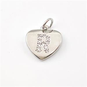 Copper Heart Pendant Pave Zirconia Letter-R Platinum Plated, approx 12mm