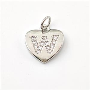 Copper Heart Pendant Pave Zirconia Letter-W Platinum Plated, approx 12mm