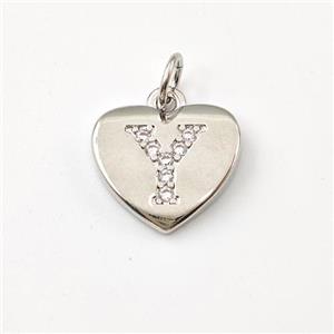 Copper Heart Pendant Pave Zirconia Letter-Y Platinum Plated, approx 12mm