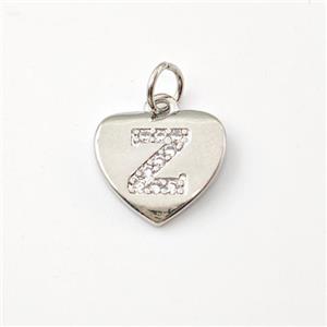 Copper Heart Pendant Pave Zirconia Letter-Z Platinum Plated, approx 12mm