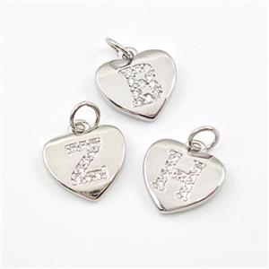 Copper Heart Pendant Pave Zirconia Mix Letters Alphabet Platinum Plated, approx 12mm