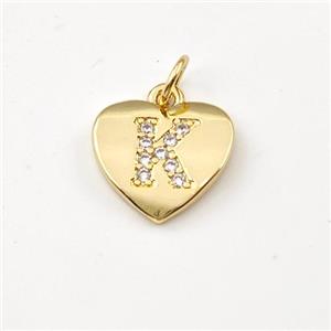 Copper Heart Pendant Pave Zirconia Letter-K Gold Plated, approx 12mm