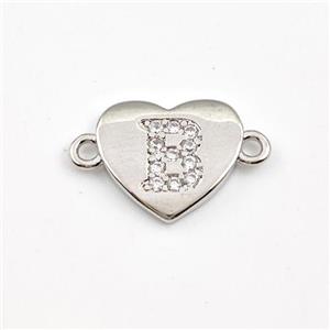 Copper Heart Connector Pave Zirconia Letter-B Platinum Plated, approx 12mm