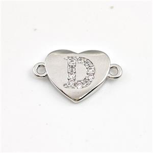 Copper Heart Connector Pave Zirconia Letter-D Platinum Plated, approx 12mm