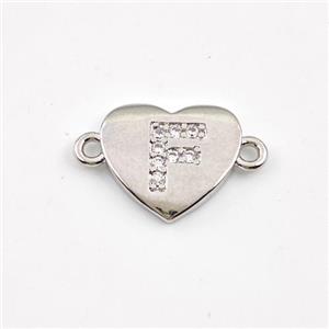 Copper Heart Connector Pave Zirconia Letter-F Platinum Plated, approx 12mm