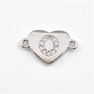 Copper Heart Connector Pave Zirconia Letter-O Platinum Plated, approx 12mm