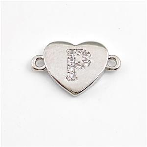 Copper Heart Connector Pave Zirconia Letter-P Platinum Plated, approx 12mm