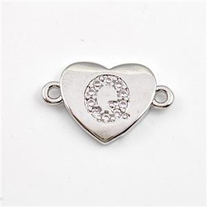 Copper Heart Connector Pave Zirconia Letter-Q Platinum Plated, approx 12mm