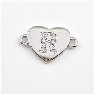 Copper Heart Connector Pave Zirconia Letter-R Platinum Plated, approx 12mm