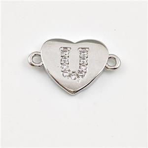 Copper Heart Connector Pave Zirconia Letter-U Platinum Plated, approx 12mm