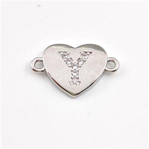 Copper Heart Connector Pave Zirconia Letter-Y Platinum Plated, approx 12mm