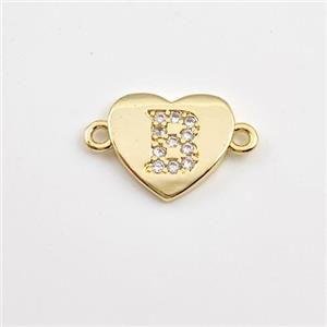 Copper Heart Connector Pave Zirconia Letter-B Gold Plated, approx 12mm