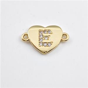 Copper Heart Connector Pave Zirconia Letter-E Gold Plated, approx 12mm