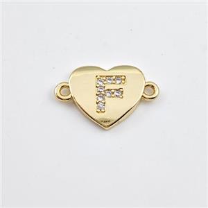 Copper Heart Connector Pave Zirconia Letter-F Gold Plated, approx 12mm