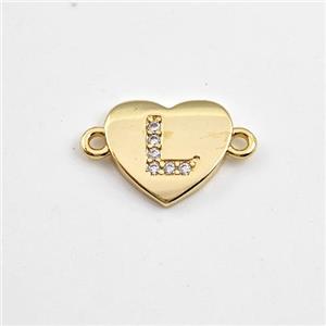 Copper Heart Connector Pave Zirconia Letter-L Gold Plated, approx 12mm