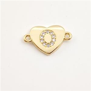 Copper Heart Connector Pave Zirconia Letter-O Gold Plated, approx 12mm