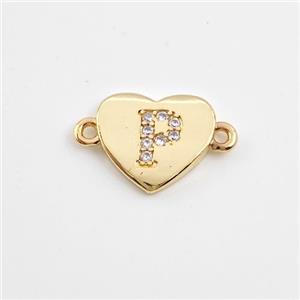 Copper Heart Connector Pave Zirconia Letter-P Gold Plated, approx 12mm