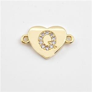 Copper Heart Connector Pave Zirconia Letter-Q Gold Plated, approx 12mm