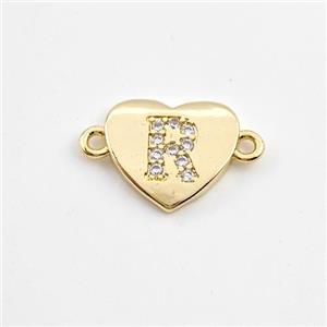 Copper Heart Connector Pave Zirconia Letter-R Gold Plated, approx 12mm