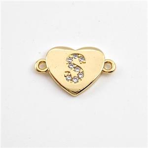 Copper Heart Connector Pave Zirconia Letter-S Gold Plated, approx 12mm