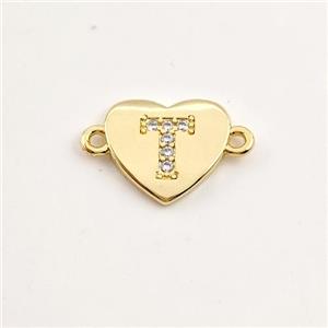 Copper Heart Connector Pave Zirconia Letter-T Gold Plated, approx 12mm