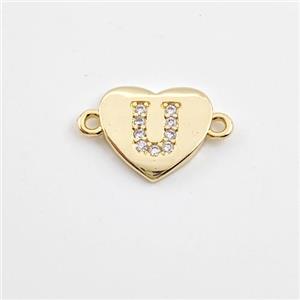 Copper Heart Connector Pave Zirconia Letter-U Gold Plated, approx 12mm