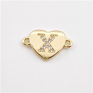 Copper Heart Connector Pave Zirconia Letter-X Gold Plated, approx 12mm