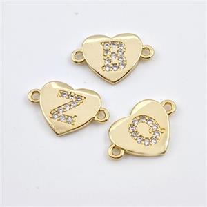 Copper Heart Alphabet Connector Pave Zirconia Mixed Letters Gold Plated, approx 12mm