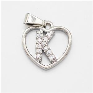 Copper Heart Pendant Pave Zirconia Letter-K Platinum Plated, approx 16mm