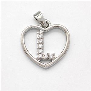 Copper Heart Pendant Pave Zirconia Letter-L Platinum Plated, approx 16mm