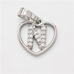 Copper Heart Pendant Pave Zirconia Letter-N Platinum Plated, approx 16mm